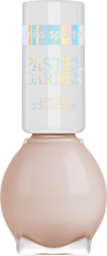 Miss Sporty lakier Pastel Garden, jasnobeżowy, butelka z białą nakrętką i holograficznym tekstem, widok z przodu.