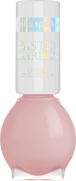 Limitowany lakier Miss Sporty Pastel Garden w butelce, pastelowy róż, biała nakrętka z holograficznym tekstem.