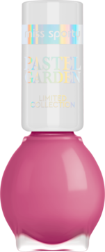 Miss Sporty Pastel Garden limitowana edycja lakieru do paznokci w różowym odcieniu, okrągła buteleczka, widok z przodu.