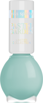 Pastelowy, miętowy lakier Miss Sporty z kolekcji Pastel Garden w szklanej butelce, widok z przodu.
