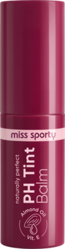 Miss Sporty PH Tint Balm, tintujący balsam z Almond Oil i Vit. E, magenta tuba, różowy pasek, widok z przodu.
