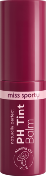 Miss Sporty PH Tint Balm, ciemnoróżowy. Cylindryczne opakowanie z napisami i logo Almond Oil Vit E, widok z przodu.