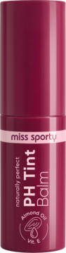 Miss Sporty PH Tint Balm w bordowej, cylindrycznej tubce z różowym paskiem, widok z przodu. Tekst: Almond Oil, Vit. E.