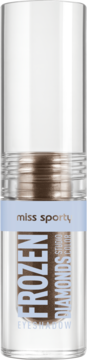 Miss Sporty Frozen Diamonds cień w płynie, przezroczysta butelka, niebieska etykieta, błyszczący brąz, widok z przodu.