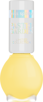 Lakier do paznokci Miss Sporty Pastel Garden, limitowana edycja, pastelowy żółty kolor, widok z przodu.