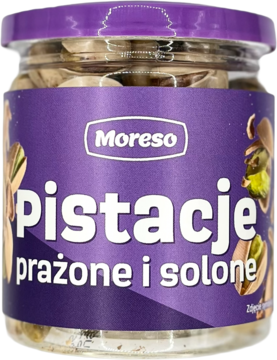 Moreso pistacje prażone i solone w przezroczystym słoiku z fioletową etykietą, widok z przodu.