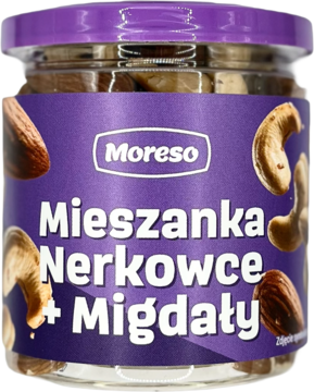Moreso Mieszanka Nerkowce + Migdały w szklanym słoju, fioletowa etykieta, widoczne migdały i nerkowce, przód.