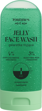 Routines Jelly Face Wash, zielony żel do mycia twarzy z kwasami owocowymi i bioactive mandarynką, na froncie.
