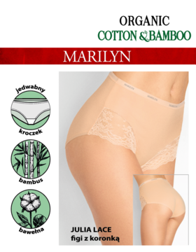 Marilyn Julia Lace beżowe figi z koronką. Organiczna bawełna i bambus. Widok z boku na modelu.