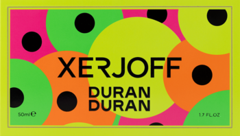 Pudełko perfum Xerjoff Duran Duran, widok z przodu, jaskrawożółte z neonowymi kołami w różu, zieleni i pomarańczy.