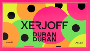 Xerjoff Duran Duran NeoRio Fluo Pink perfumy, widok przodu pudełka z neonowymi kołami i czarnymi kropkami.