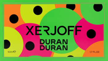 Perfumy Xerjoff Duran Duran 50ml w jaskrawym opakowaniu z abstrakcyjnym wzorem kół. Zieleń, fuksja, pomarańcz.