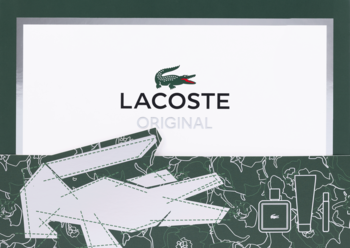 Zestaw perfum Lacoste Original: biało-zielone pudełko z logo krokodyla i konturami produktów, widok z przodu.