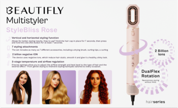 Suszarko-lokówka Beautifly StyleBliss Rose, różowo-złota, ze szczotkową głowicą, obok modele różnych fryzur.