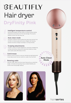 Beautifly DryFinity Pink suszarka do włosów, pionowo, różowo-złota z ciemnym uchwytem. Funkcja auto-czyszczenia filtra.