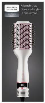 Beautifly CurlSpin, biała suszarko-lokówka z różową szczotką, wyświetlacz 100°C. Suszy i stylizuje włosy.