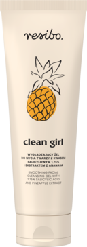 Resibo Clean Girl wygładzający żel do mycia twarzy w białej tubce z ananasem i kwasem salicylowym, z przodu.