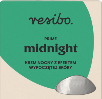 Opakowanie kremu nocnego Resibo Prime Midnight, zielono-beżowe z białymi napisami i srebrnym elementem, widok z przodu.