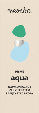Etykieta Resibo Prime Aqua nawadniający żel z efektem sprężystej skóry; logo, zielone, srebrne i niebieskie kształty.