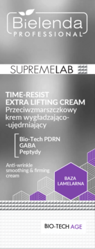 Bielenda Supremelab Time-Resist Extra Lifting Cream, krem przeciwzmarszczkowy ujędrniający. Szara etykieta z fioletowymi heksagonami.
