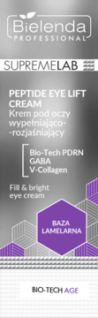 Bielenda SUPREMELAB Peptide Eye Lift Cream, pionowe opakowanie z fioletowymi detalami i składem.