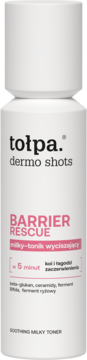 Tołpa dermo shots Barrier Rescue wyciszający mleczny tonik w białej butelce z różowymi napisami, widok z przodu.