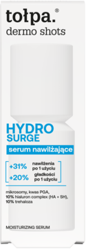 Tołpa Dermo Shots HYDRO SURGE serum nawilżające w białym opakowaniu, widok z przodu, z hialuronem i trehalozą.