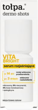 Białe opakowanie serum Tołpa Vita Bright Dermo Shots, front. Rozjaśnia skórę, redukuje przebarwienia z niacynamidem.