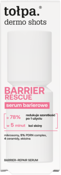Tołpa dermo shots Barrier Rescue serum barierowe w białym opakowaniu z różowymi napisami, widok z przodu.