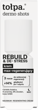 Białe opakowanie kremu tołpa. dermo shots REBUILD & DE-STRESS max-regenerującego na noc, widok z przodu.
