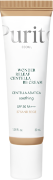 Biała tubka Purito Wonder Releaf Centella BB Cream o SPF 30 PA+++, odcień 27 Sand Beige, widok frontalny.