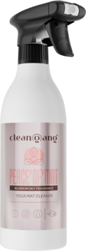 Biała butelka sprayu Clean@ang Yoga Mat Cleaner PEACE'OF'MAT Blossom Sky z czarnym atomizerem, widok przód.