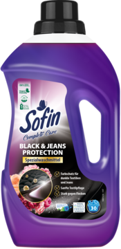 Fioletowy płyn Sofin Black & Jeans Protection, do prania ciemnych tkanin i dżinsów, butelka widziana z przodu.