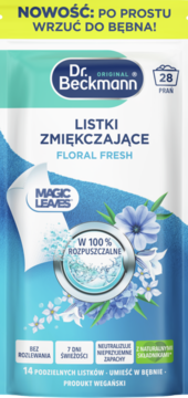 Nowe Dr. Beckmann Magic Leaves Floral Fresh listki zmiękczające. Niebiesko-białe opakowanie, widok z przodu.