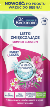 Dr. Beckmann Summer Blossom listki zmiękczające, różowe opakowanie 100% rozpuszczalne, 28 prań, widok z przodu.