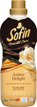 Sofin Amber Delight Luxury, skoncentrowany płyn do płukania tkanin. Złoto-brązowa butelka z kwiatem, widok z przodu.