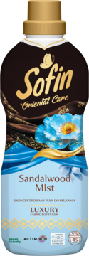 Sofin Oriental Care Sandalwood Mist skoncentrowany płyn do płukania. Brązowo-błękitna butelka z kwiatem.