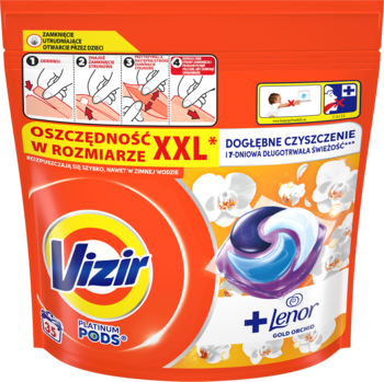 Pomarańczowa torba Vizir Platinum Pods + Lenor Gold Orchid, 35 sztuk, z kapsułką i kwiatami. Widok z przodu.