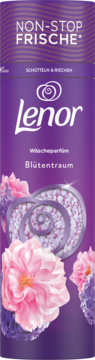 Fioletowe perełki zapachowe Lenor Blütentraum. Butelka z różowymi kwiatami, napis: Non-Stop Frische.