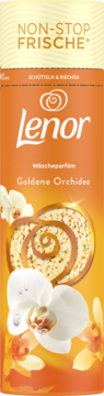 Lenor Goldene Orchidee perfumowane perełki do prania. Pomarańczowa butelka, złote wzory, białe orchidee.