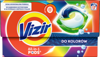 Kolorowe opakowanie Vizir All-in-1 PODS, do prania kolorów, z logo i widoczną niebiesko-zieloną kapsułką, 17 sztuk.