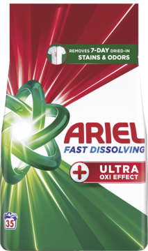 Ariel Fast Dissolving + Ultra Oxi Effect proszek do prania, zielono-czerwone opakowanie, widok z przodu, usuwa 7-dniowe plamy.