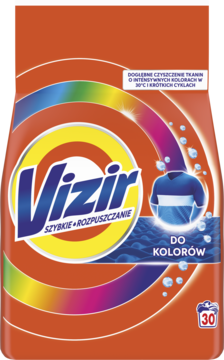 Pomarańczowy proszek Vizir Color z tęczowym wzorem i koszulką na etykiecie. Widok z przodu, do prania kolorów.