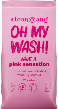 Różowy proszek do prania clean@ang OH MY WASH! pink sensation, skoncentrowany, 37 prań, widok z przodu.