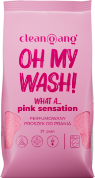 clean@ang OH MY WASH! Pink Sensation perfumowany proszek do prania, różowa saszetka, widok przodem.