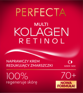 Czerwony krem Perfecta Multi Kolagen Retinol 70+ na zmarszczki, dzień/noc, z nową formułą, widok z przodu.
