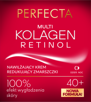 Czerwone opakowanie kremu Perfecta Multi Kolagen Retinol 40+ nawilżającego, redukującego zmarszczki, z przodu.
