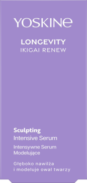 Fioletowe opakowanie YOSKINE LONGEVITY IKIGAI RENEW Sculpting Intensive Serum, widok z przodu, modeluje i nawilża.