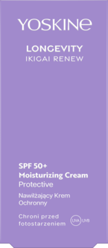 Fioletowe opakowanie kremu YOSKINE LONGEVITY SPF 50+, widok z przodu, ochrona przed UVA/UVB.