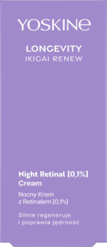 YOSKINE LONGEVITY IKIGAI RENEW Night Retinal 0,1% Cream w fioletowym kartoniku, z przodu, z białymi literami.
